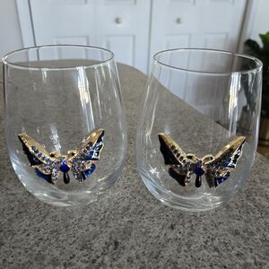 Rachel Zoe Set Of 2 Jeweled Butterfly Stemless Wine Glasses NWOT